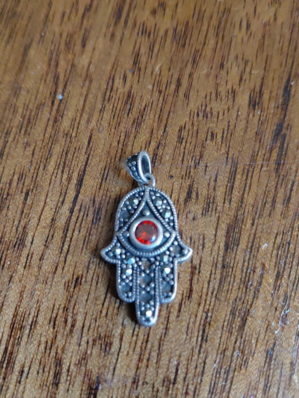 Hamsa 925 Silver And Marcasite Pendant With A Bright Orangey Red Garnet Stone